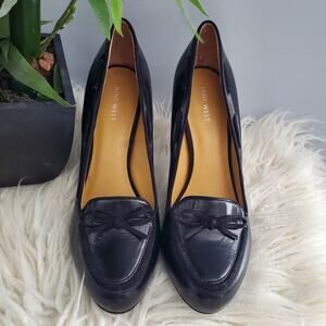 Nine West GHITA Black Leather Almond Toe Bow Detail Pumps Size 10M